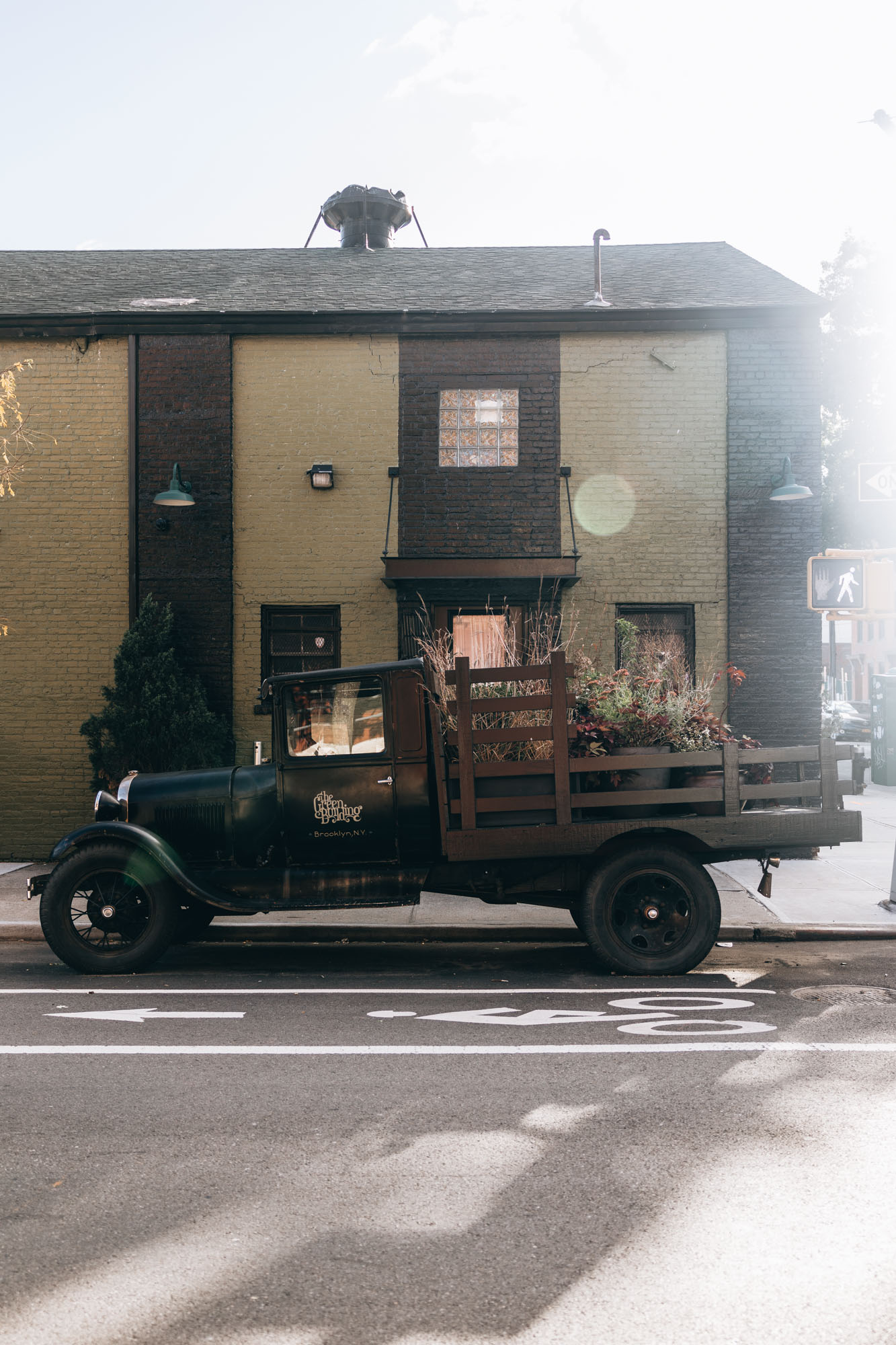Old vintage truck with flowers near 501 Union and the Green Building, Brooklyn NY