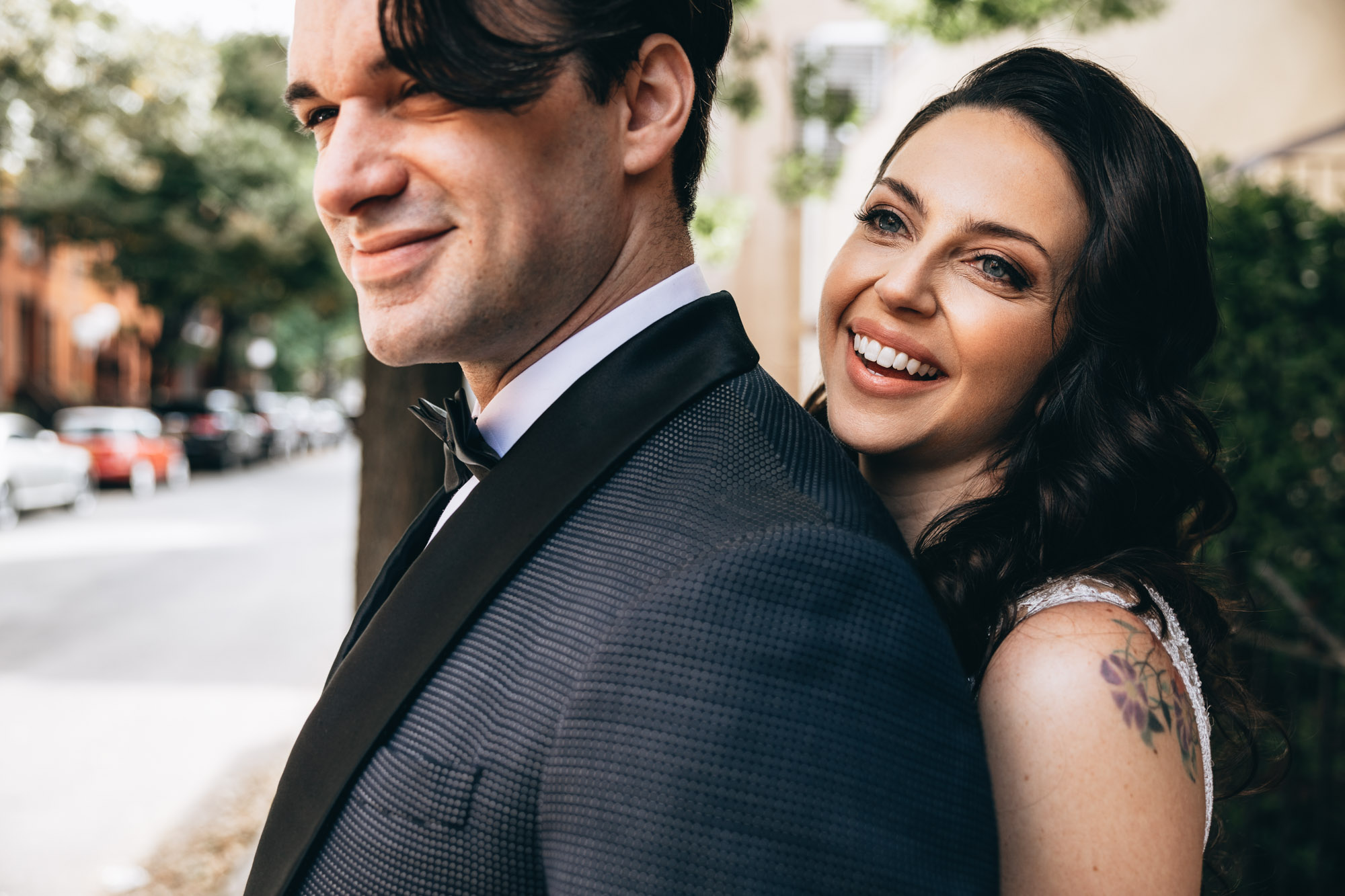 Close up of excited bride and groom in Brooklyn, NY