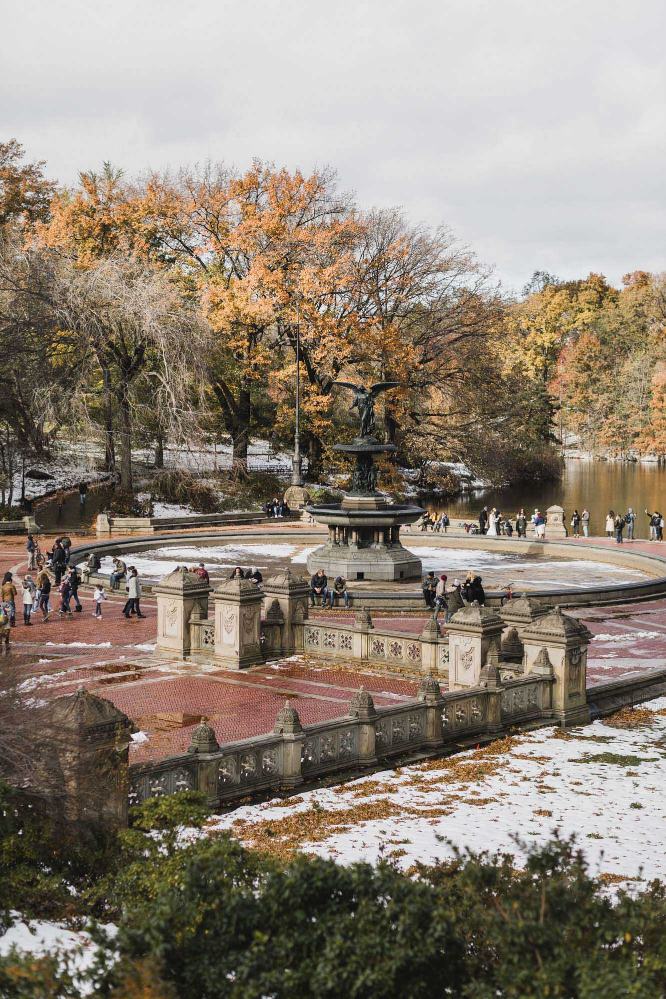 Bethesda Fountain and Terrace in the fall with snow. Manhattan NY