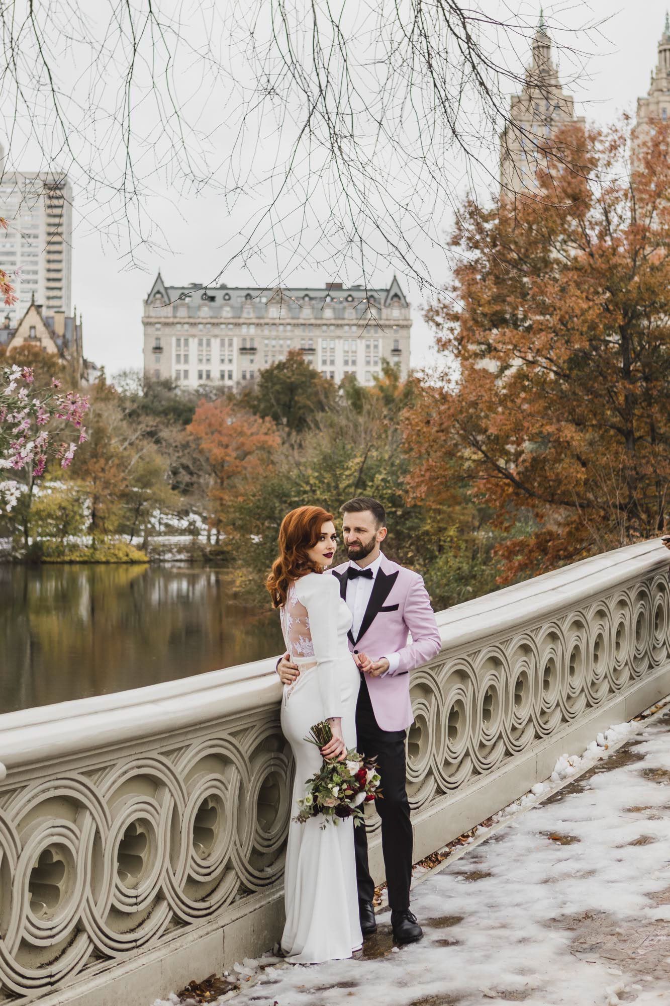 Stunning bride and groom at the Proposal Bridge during their elopement Central Park. Manhattan, NY