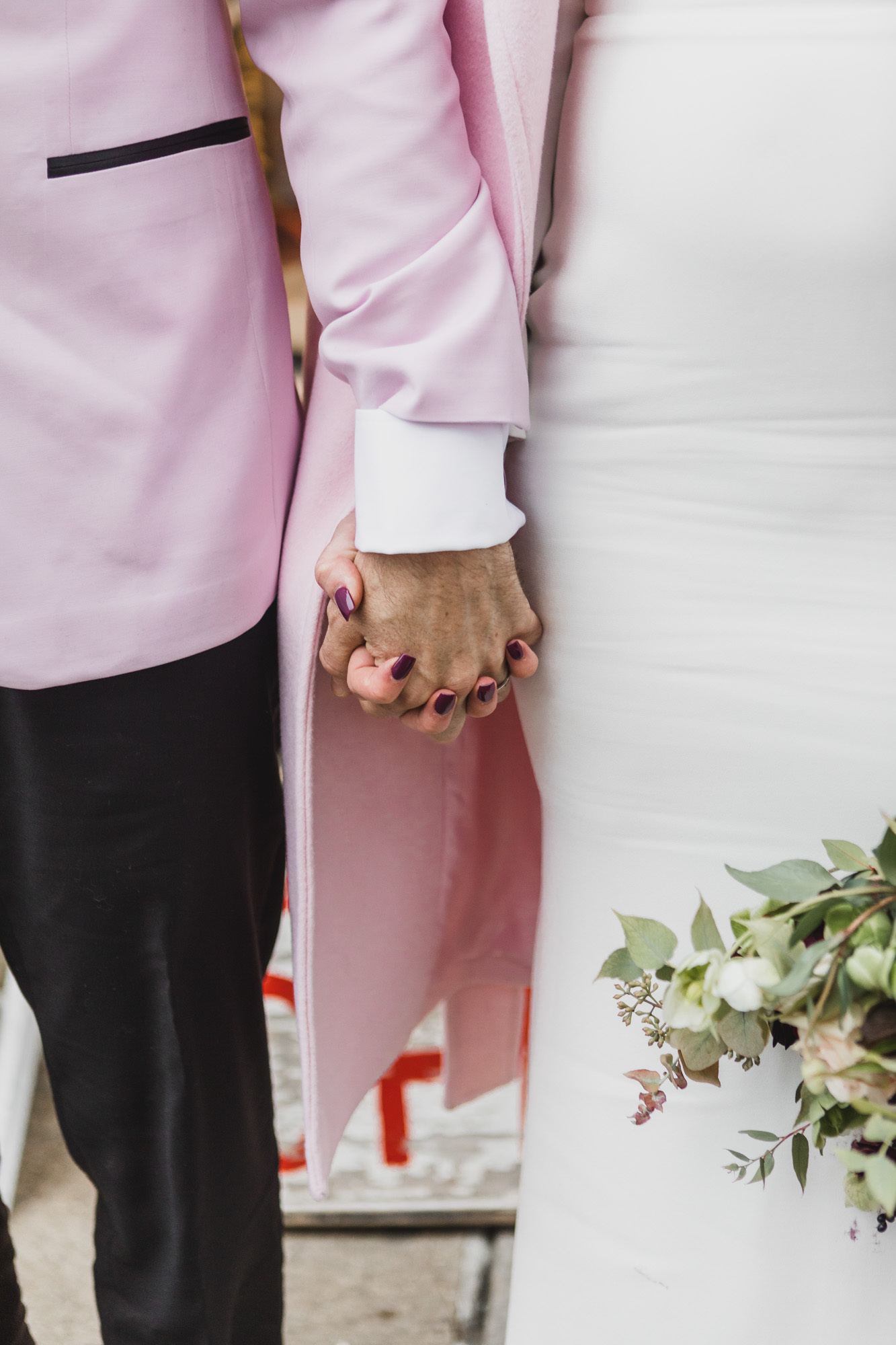 Close up of bride's and groom's hands on their elopement wedding day.  Manhattan, NY