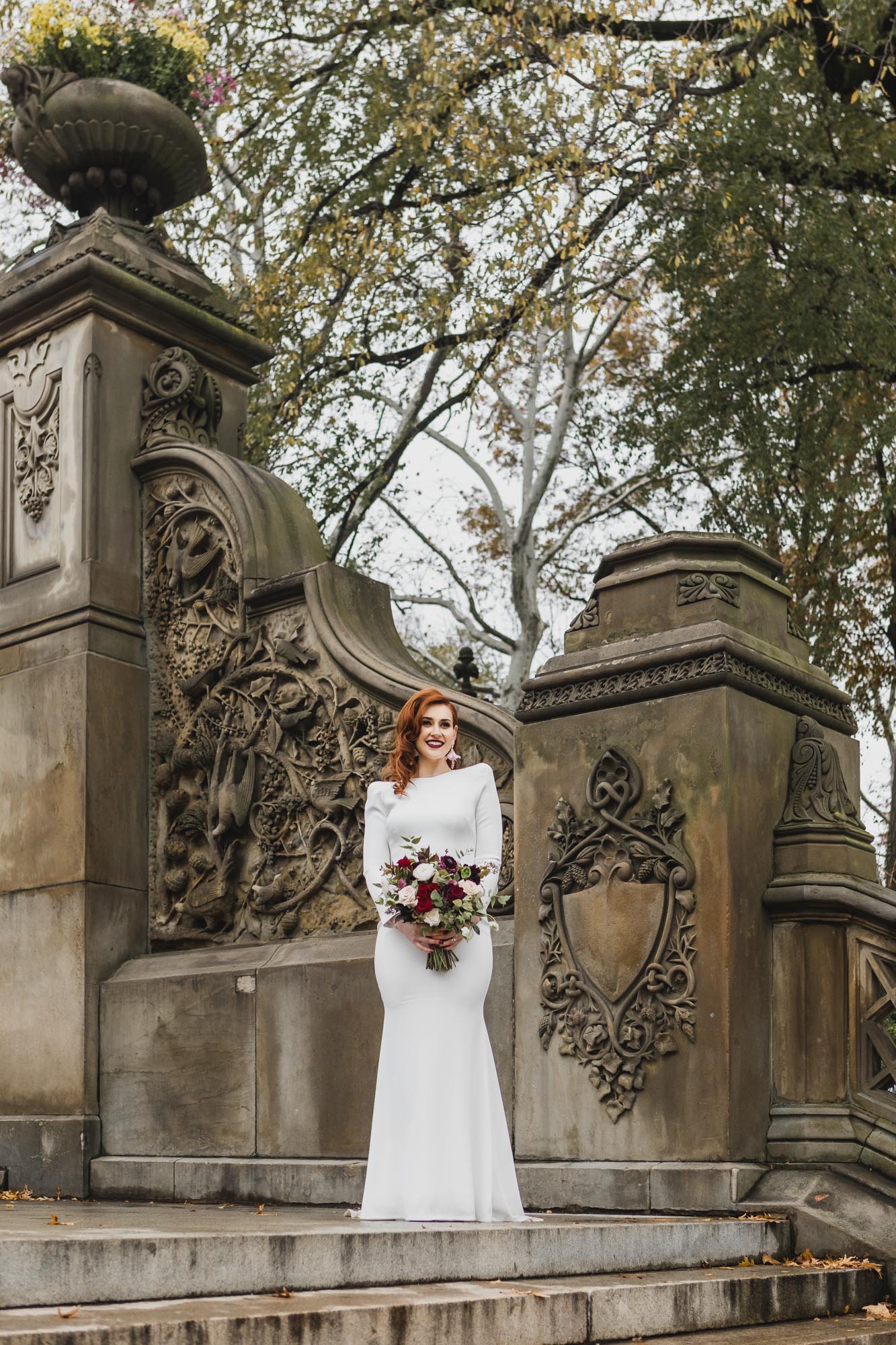 Stunning bride on her elopement wedding day at  Bethesda Fountain and Terrace, Central Park. Manhattan, NY