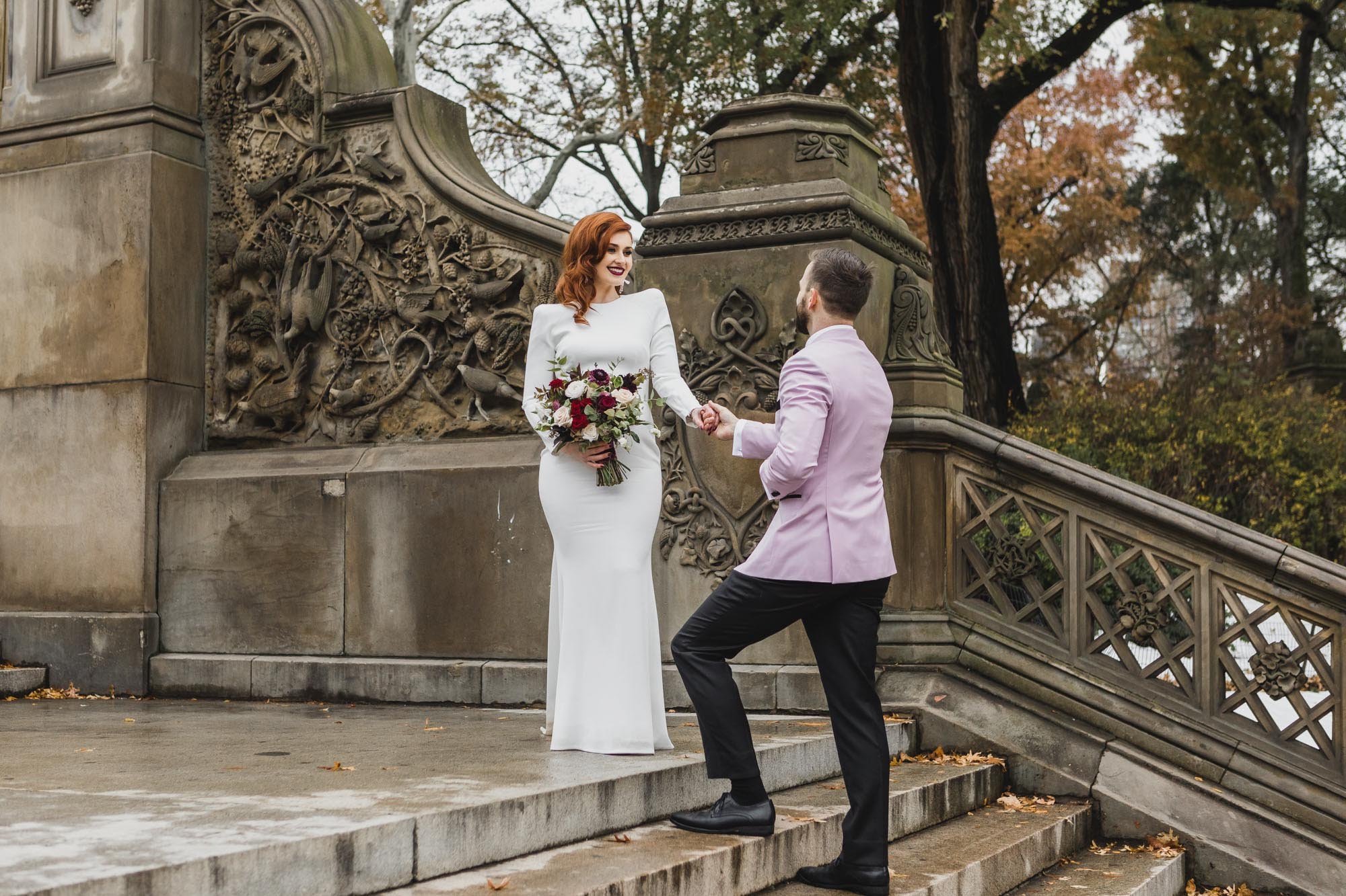 Stunning bride and groom at  Bethesda Fountain and Terrace, Central Park. Manhattan, NY