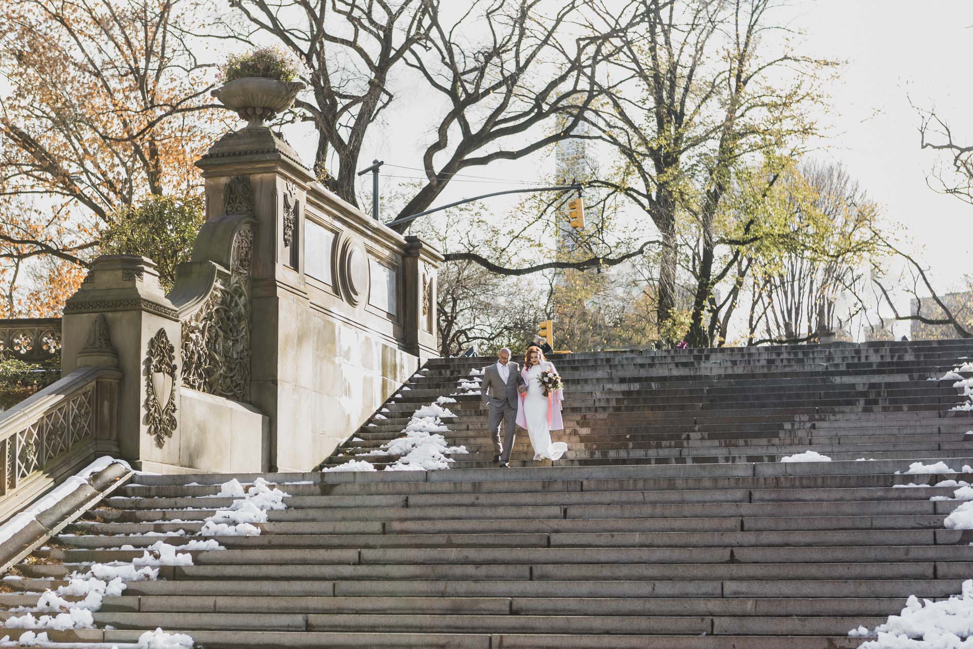 Aussie bride walking to her elopement ceremony with her father. Central Park, Manhattan. NY