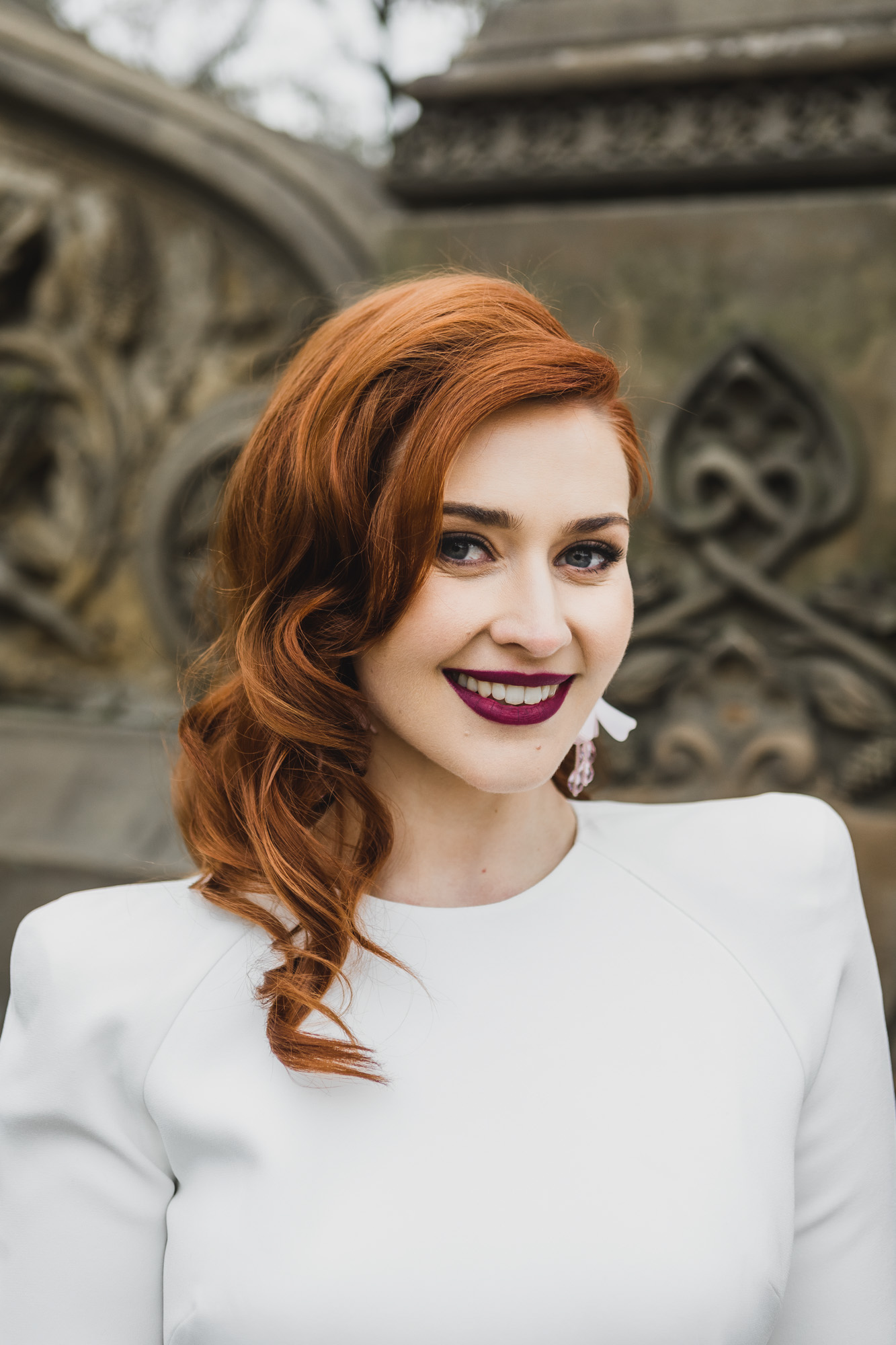 Portrait of stunning Aussie bride at  Bethesda Fountain and Terrace, Central Park. Manhattan, NY