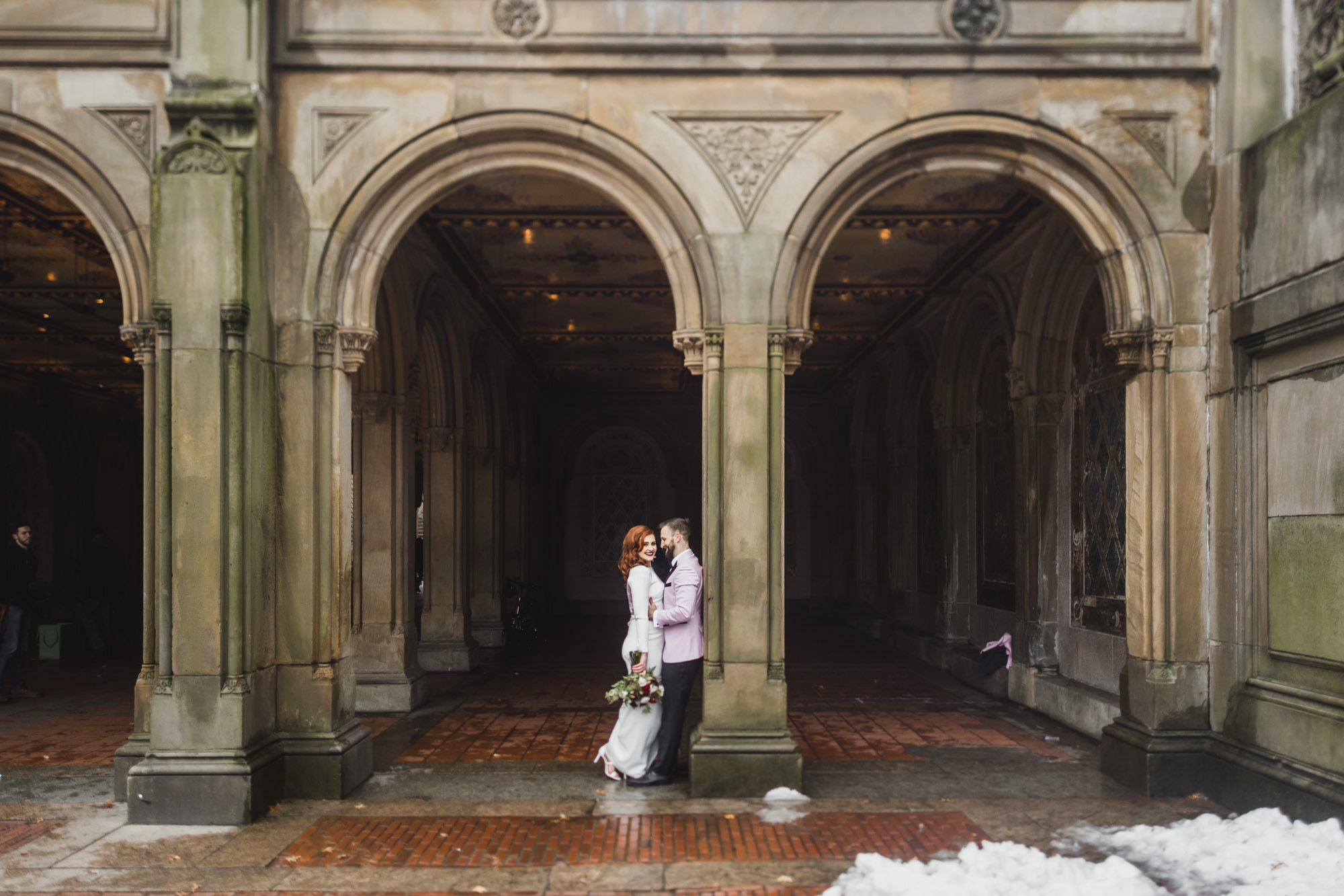 Autumn elopement. Bride and groom at the Bethesda Fountain and Terrace, Central Park. Manhattan, NY