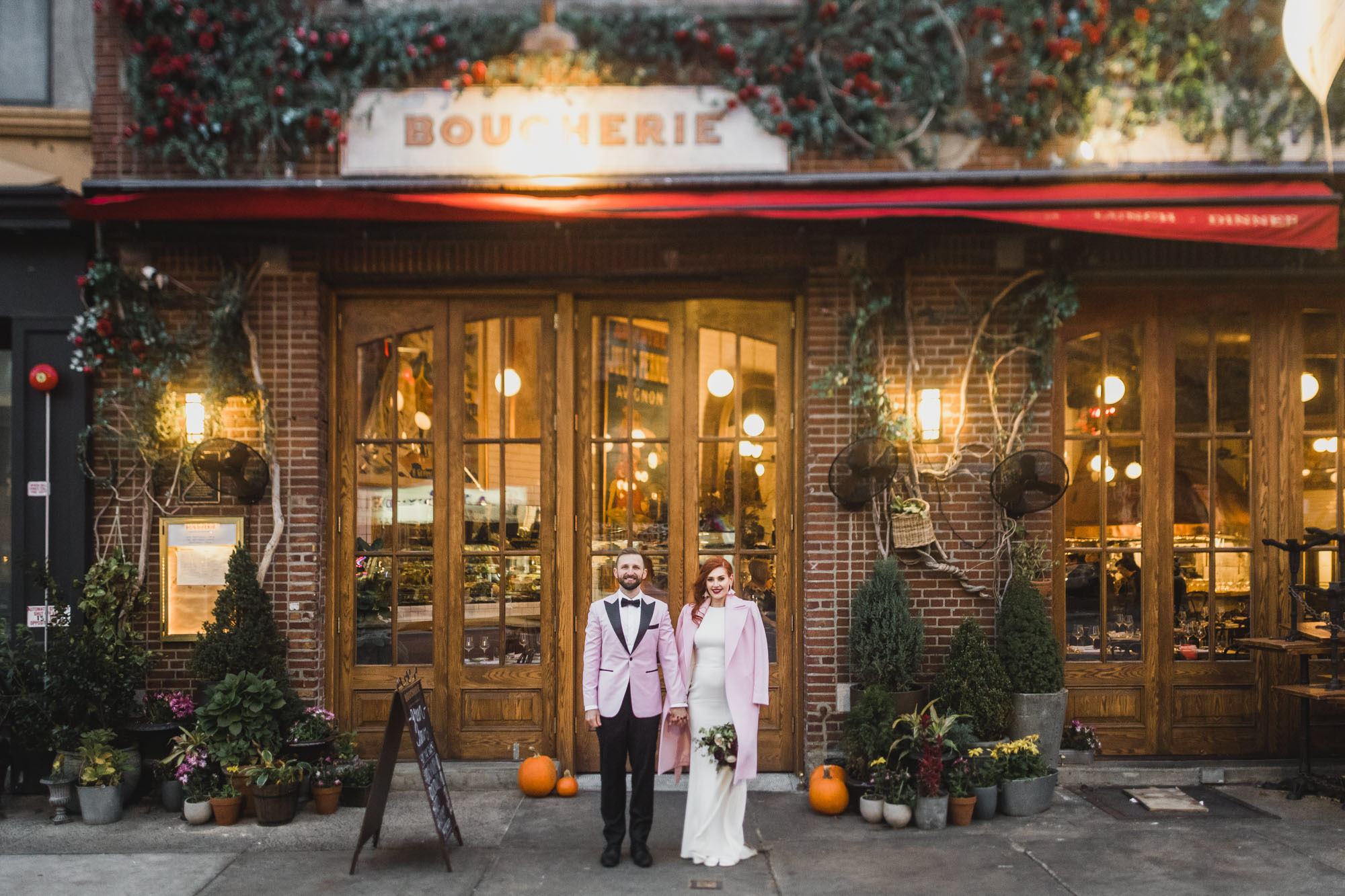 Aussie bride and groom in light pink outfits before their dinner in West Village, Manhattan NY