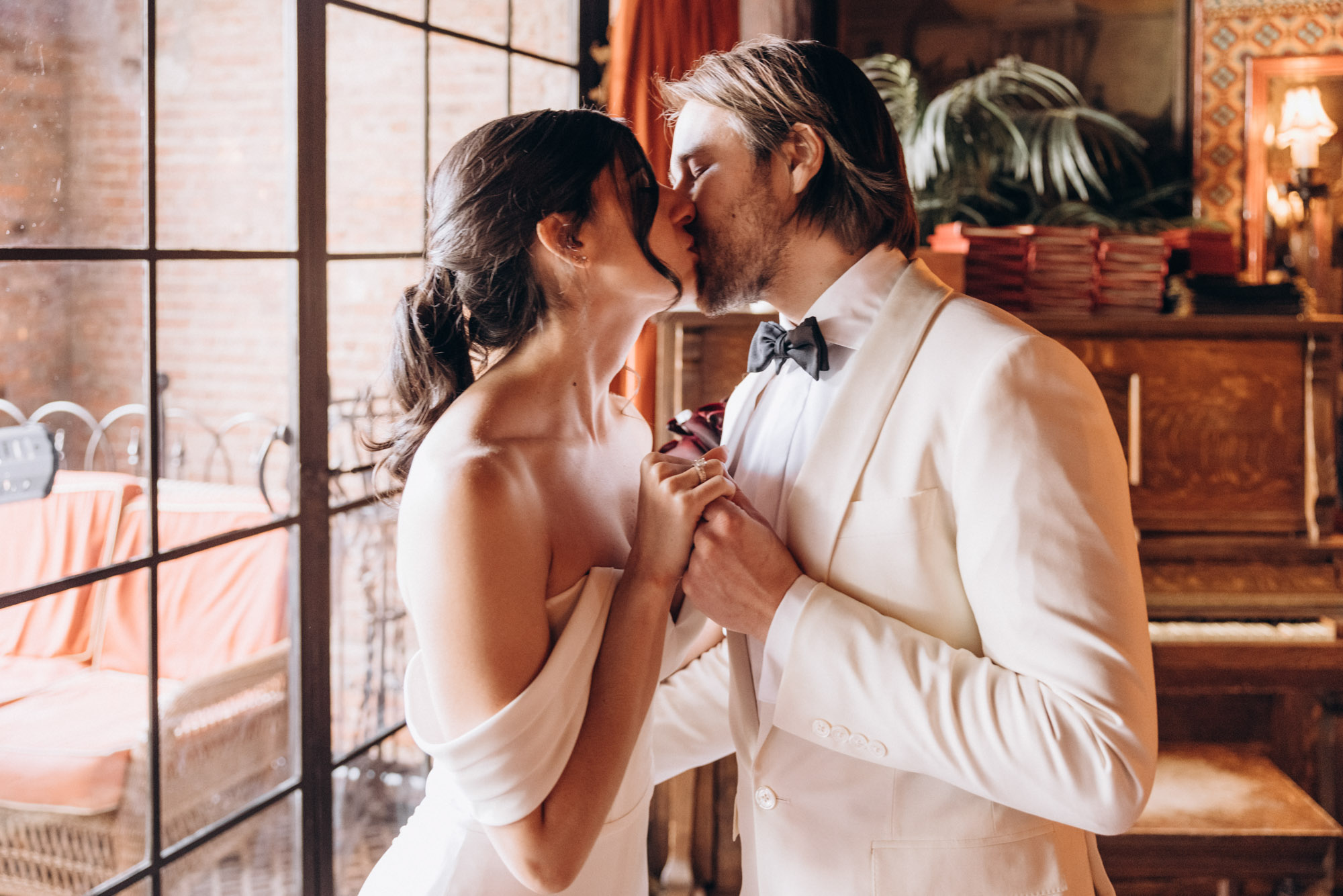 Bride and groom kiss moments after their elopement wedding ceremony at the Bowery Hotel. Manhattan, NY