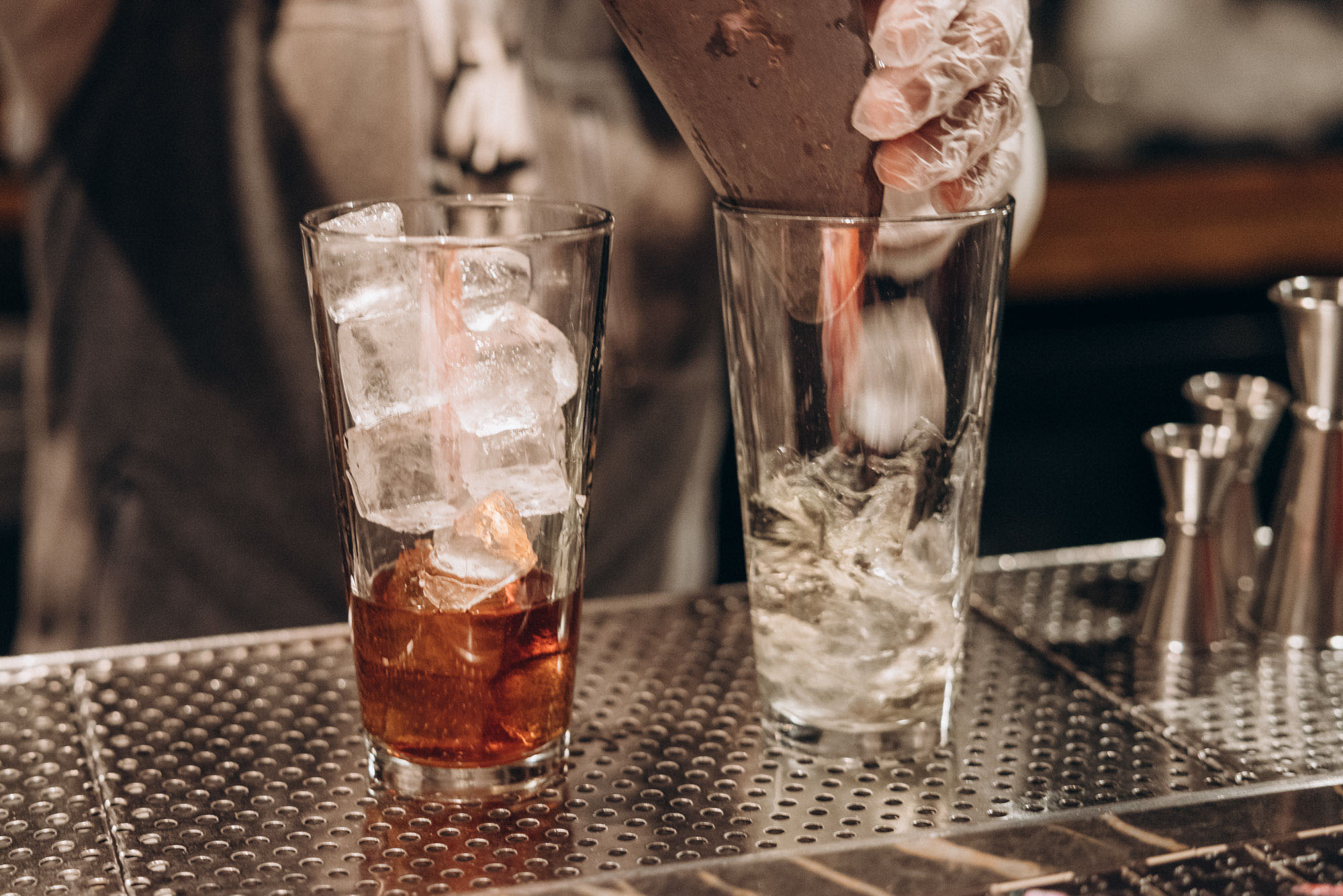 Close up shot of drinks. Manhattan NY