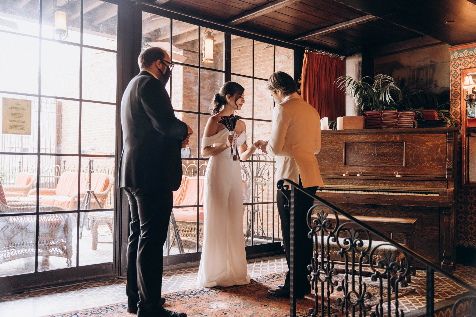Bride and groom during an intimate elopement ceremony at the Bowery Hotel. Manhattan, NY
