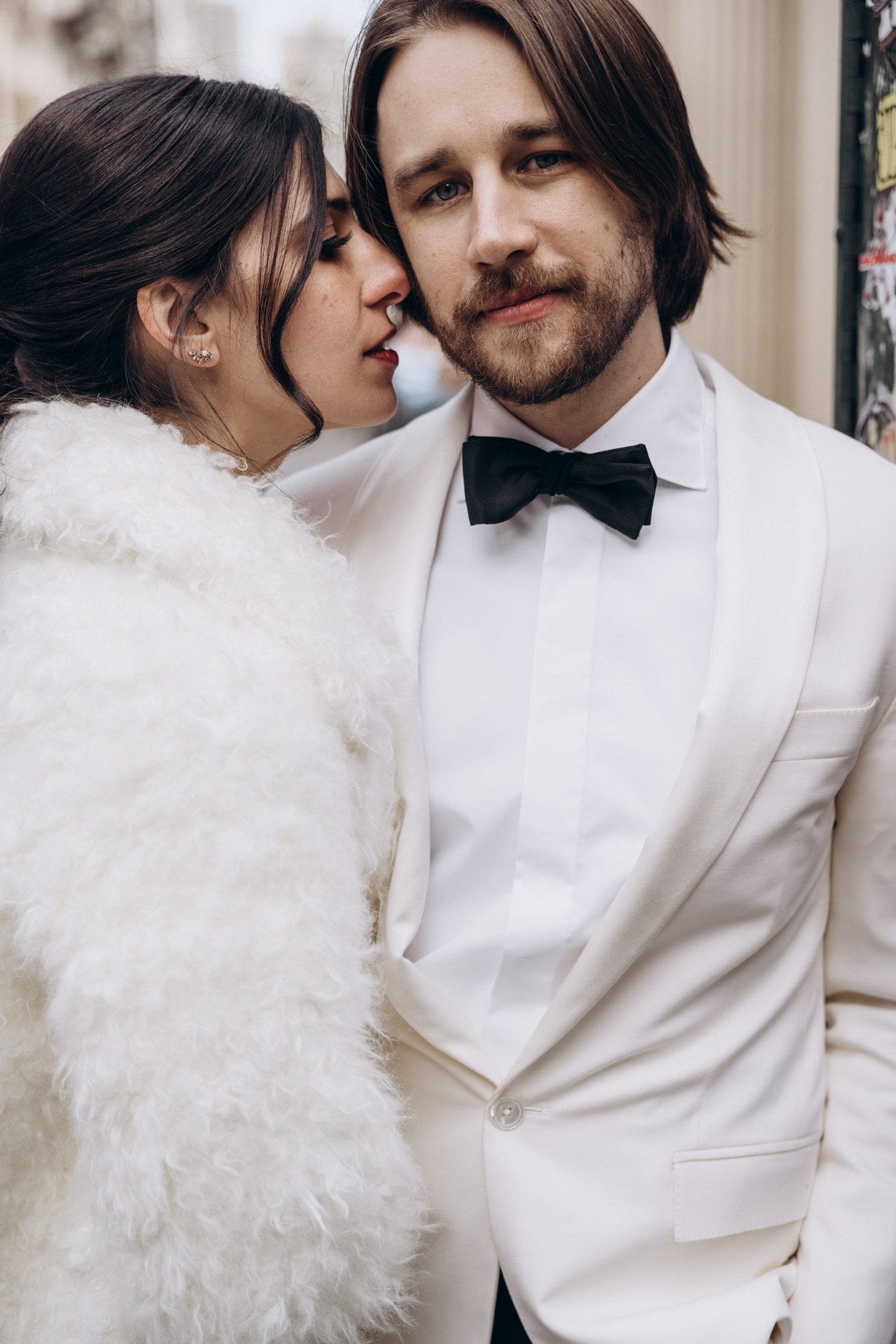 Stylish bride and groom during their winter elopement wedding day. Soho. Manhattan, NY